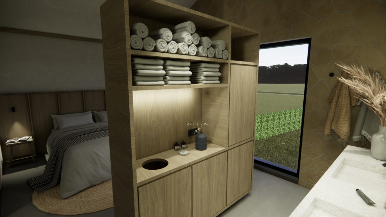 Badkamer op verdieping van wabi sabi woning Heenvliet met hout en natuursteen