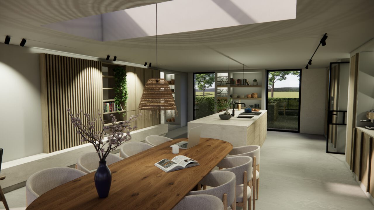 Moderne keuken in wabi sabi woning Heenvliet met houten kasten en lichtval