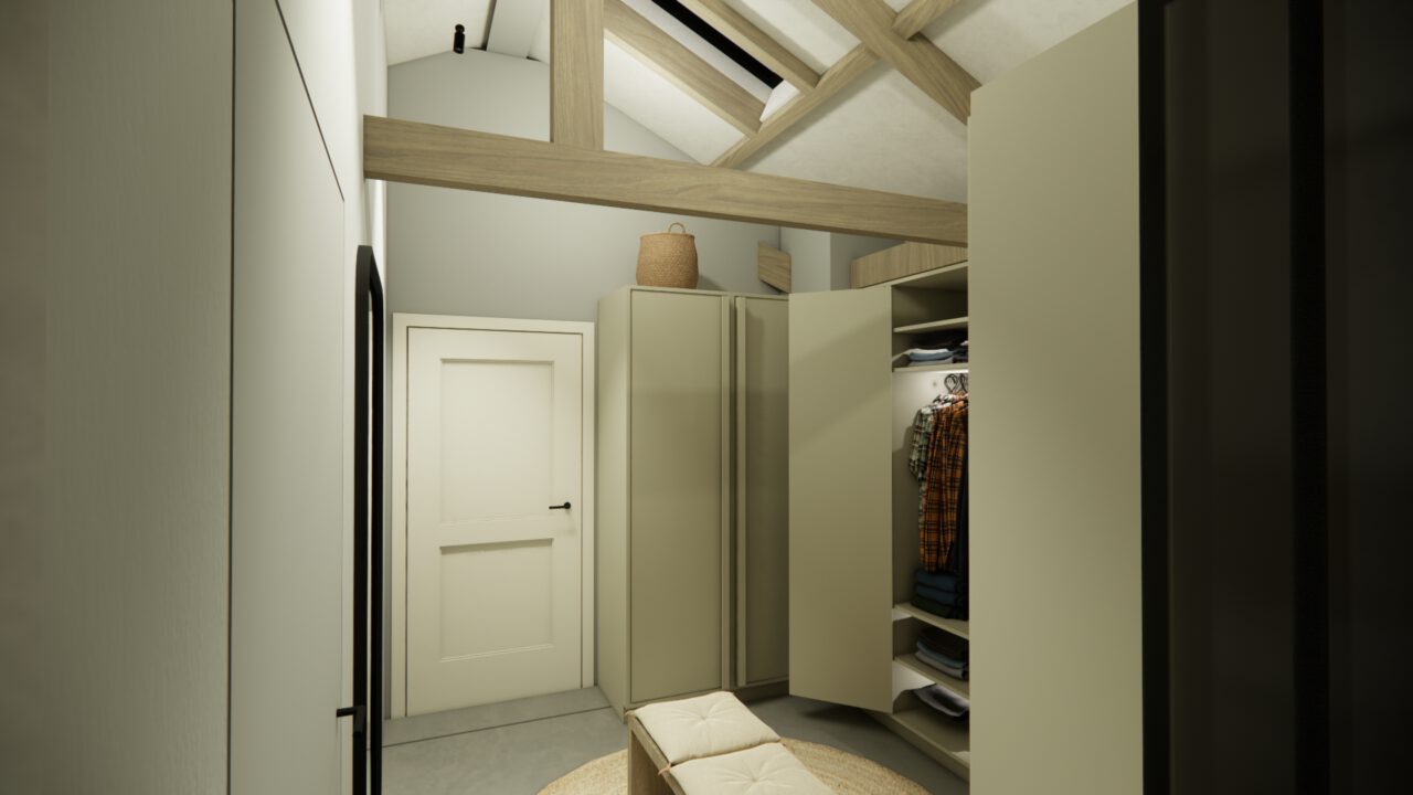 Kleedkamer met houten spanten in wabi sabi woning Heenvliet