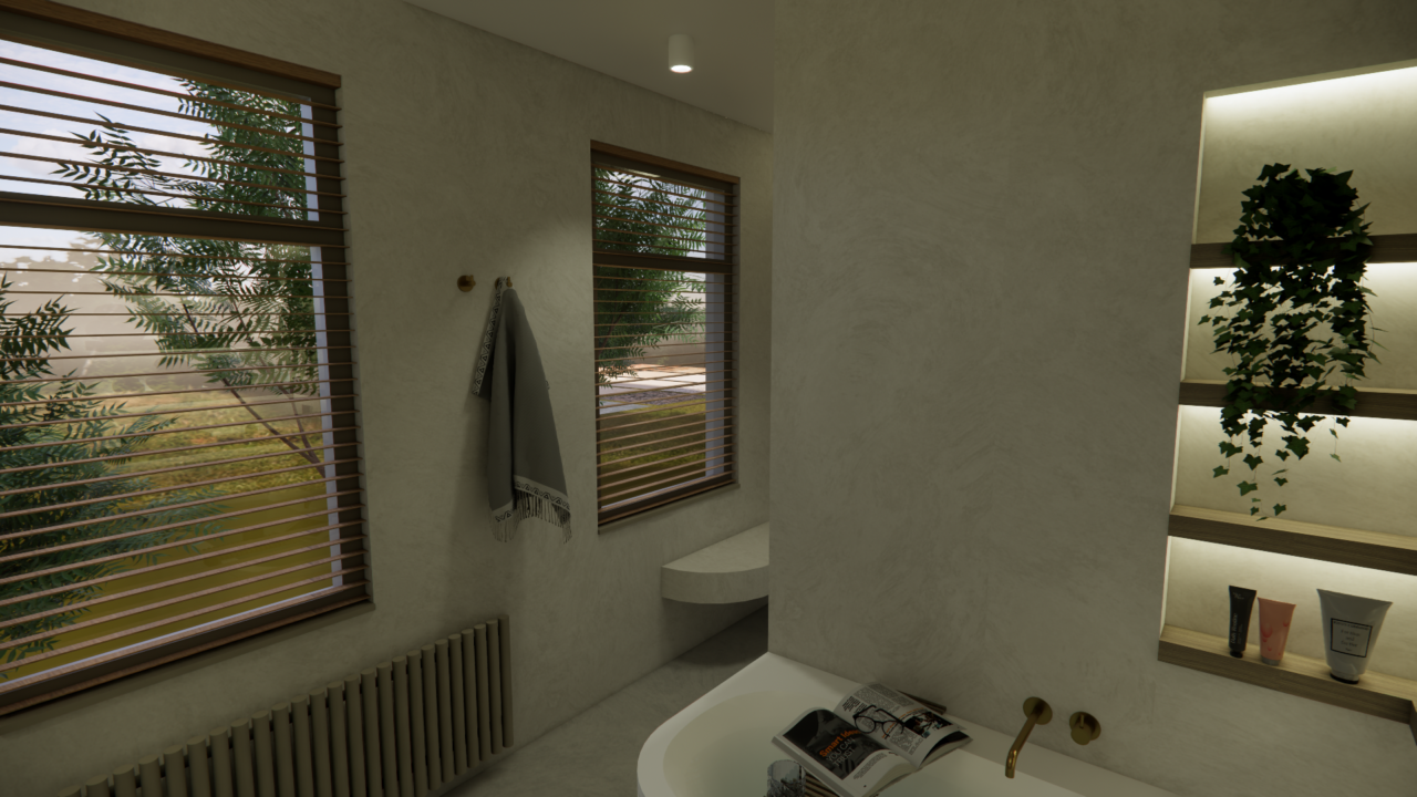 Badkamer in Ibiza-stijl met bad en uitzicht op groen, Wabi Architecten