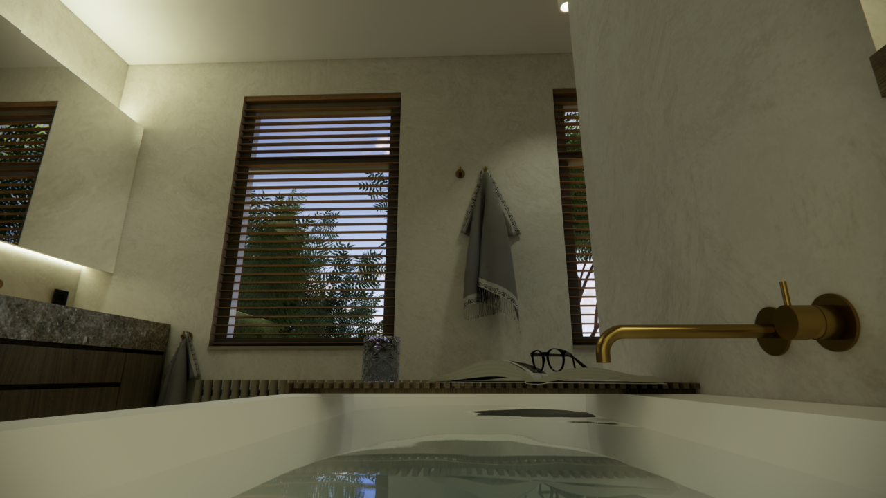 Vanuit het bad naar het groen kijken in een badkamer in Ibiza-stijl, Wabi Architecten