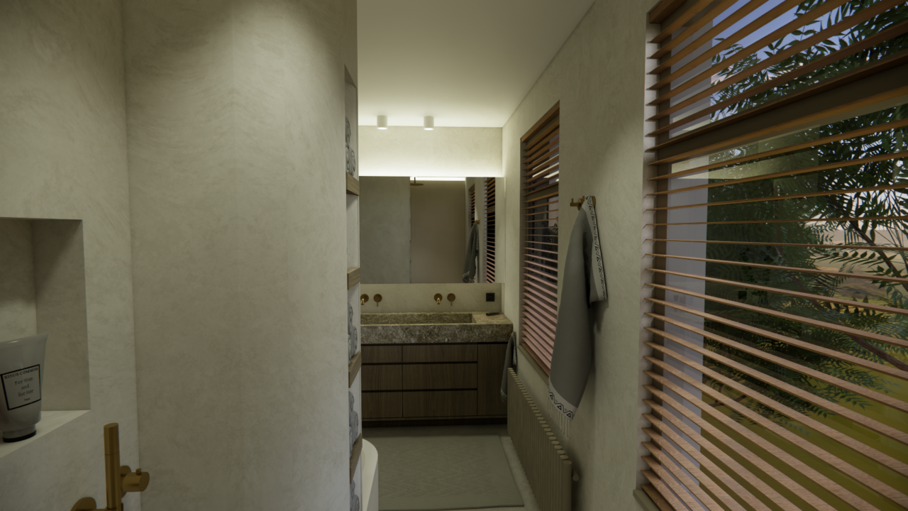Badkamer in Ibiza-stijl met natuurstenen wastafel en daglicht, Wabi Architecten