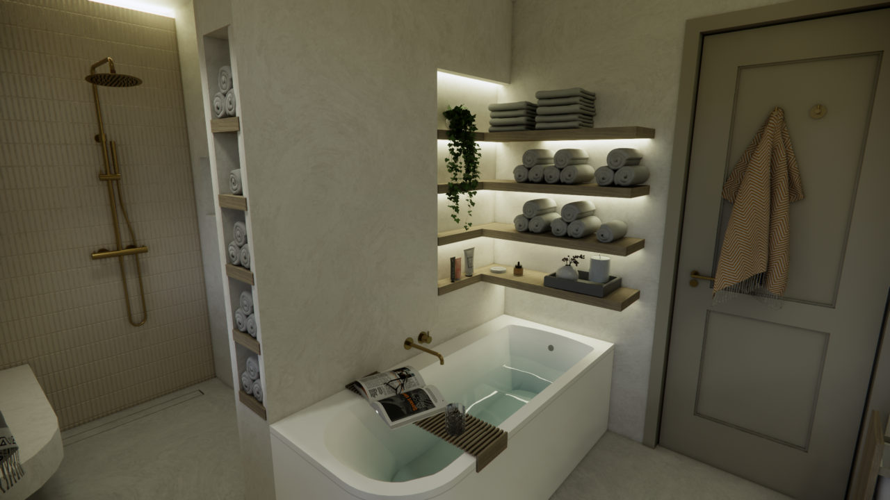 Badkamer in Ibiza-stijl met inloopdouche en bad, Wabi Architecten